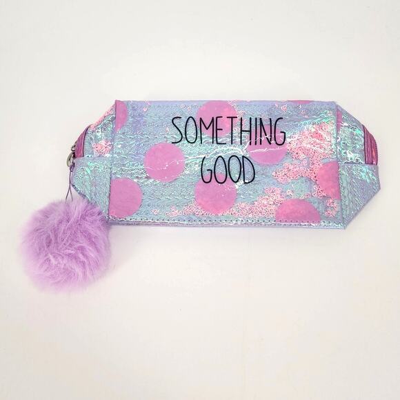 Holographic Pink & Purple "Something Good" Makeup Bag with Pom Pom Charm – New - Picture 1 of 3